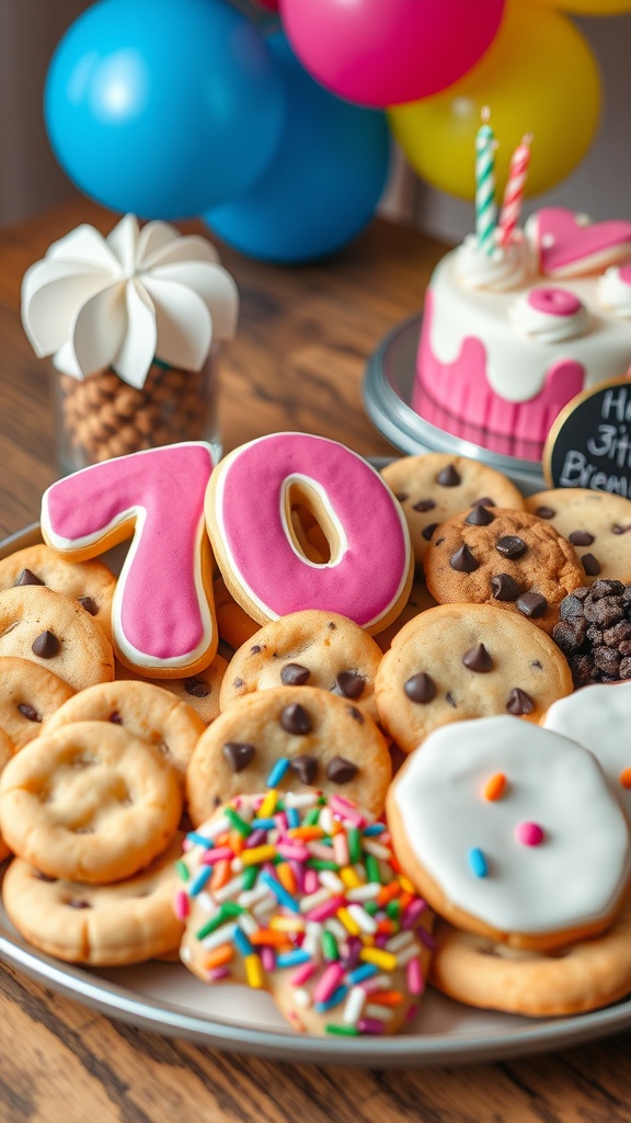 An assortment of cookies on a platter for a 70th birthday, featuring decorated sugar cookies, chocolate chip cookies, and sprinkle cookies.